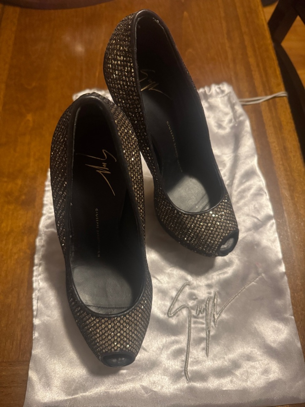 Giuseppe Zanotti Black and Gold Crystal Peep-Toe Pumps